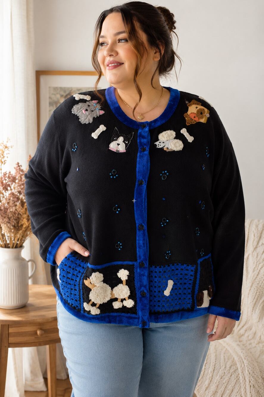 Vintage Quacker Factory Dog Beaded Cardigan Sweater 1X NWT